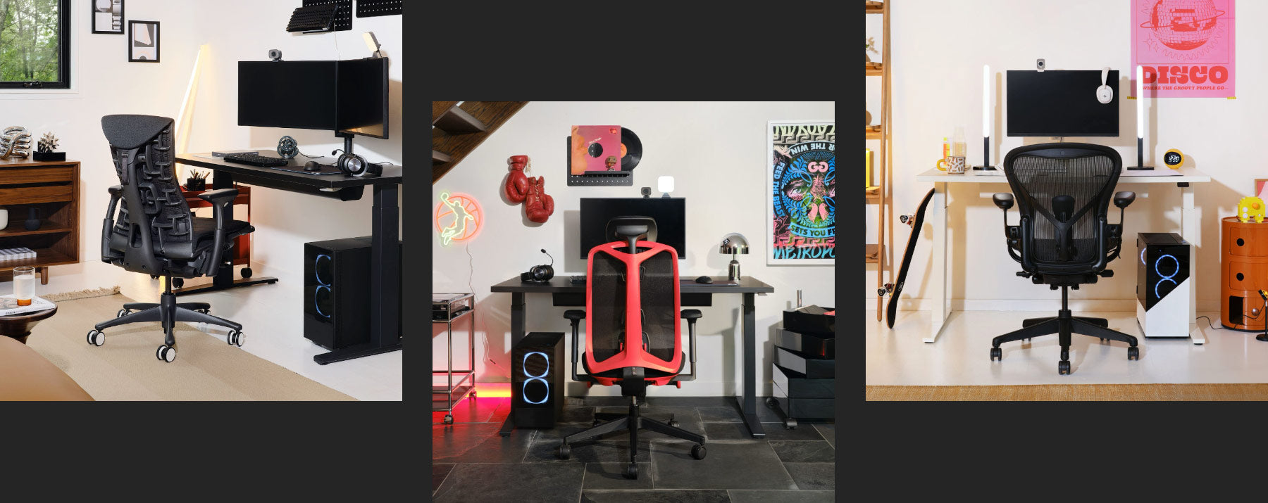 Embody, Vantum og Aeron Gaming Chairs som en del af en opsætning med Nevi Gaming Desk, seaturing Ollin og Flo X justerbare monitorarme.