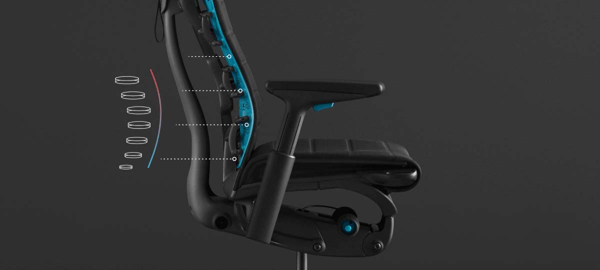 En animation fremhæver PostureFit-støtten til rygsøjlen på Embody Gaming Chair; animationen er overlejret på et foto af stolen på en sort baggrund.