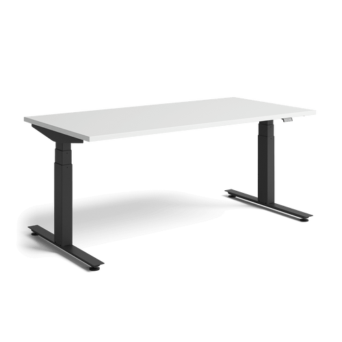 Herman Millers Nevi siddende skrivebord med sorte ben og en hvid bordplade forfra.