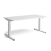 Herman Millers Nevi siddestillingsbord med hvide ben og hvid top fra forsiden.