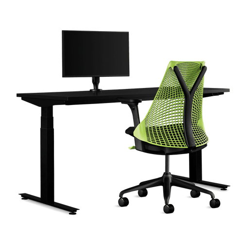 Herman Miller gaming bundle, featuring a Nevi sit-stand desk, Ollin monitor arm and a Sayl chair in neon green.